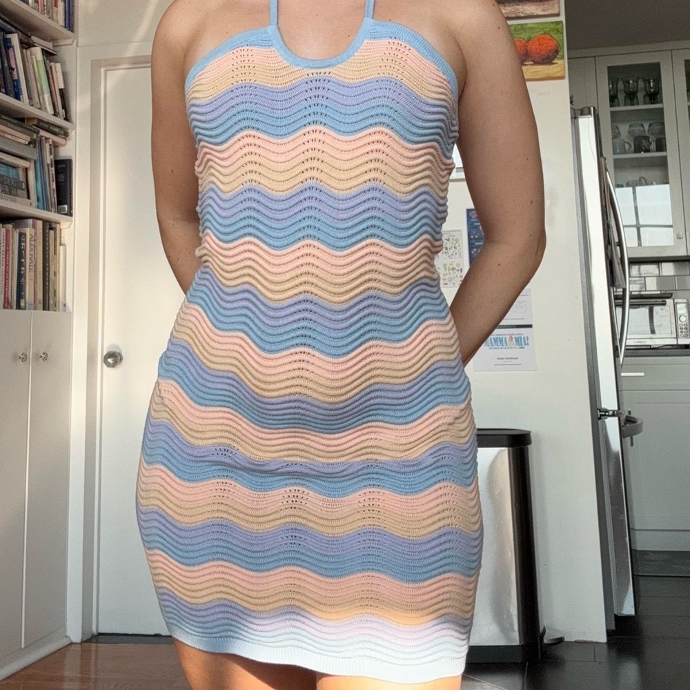 Miss Selfridge Wavy Knit Top in Blue, Peach, and Cream